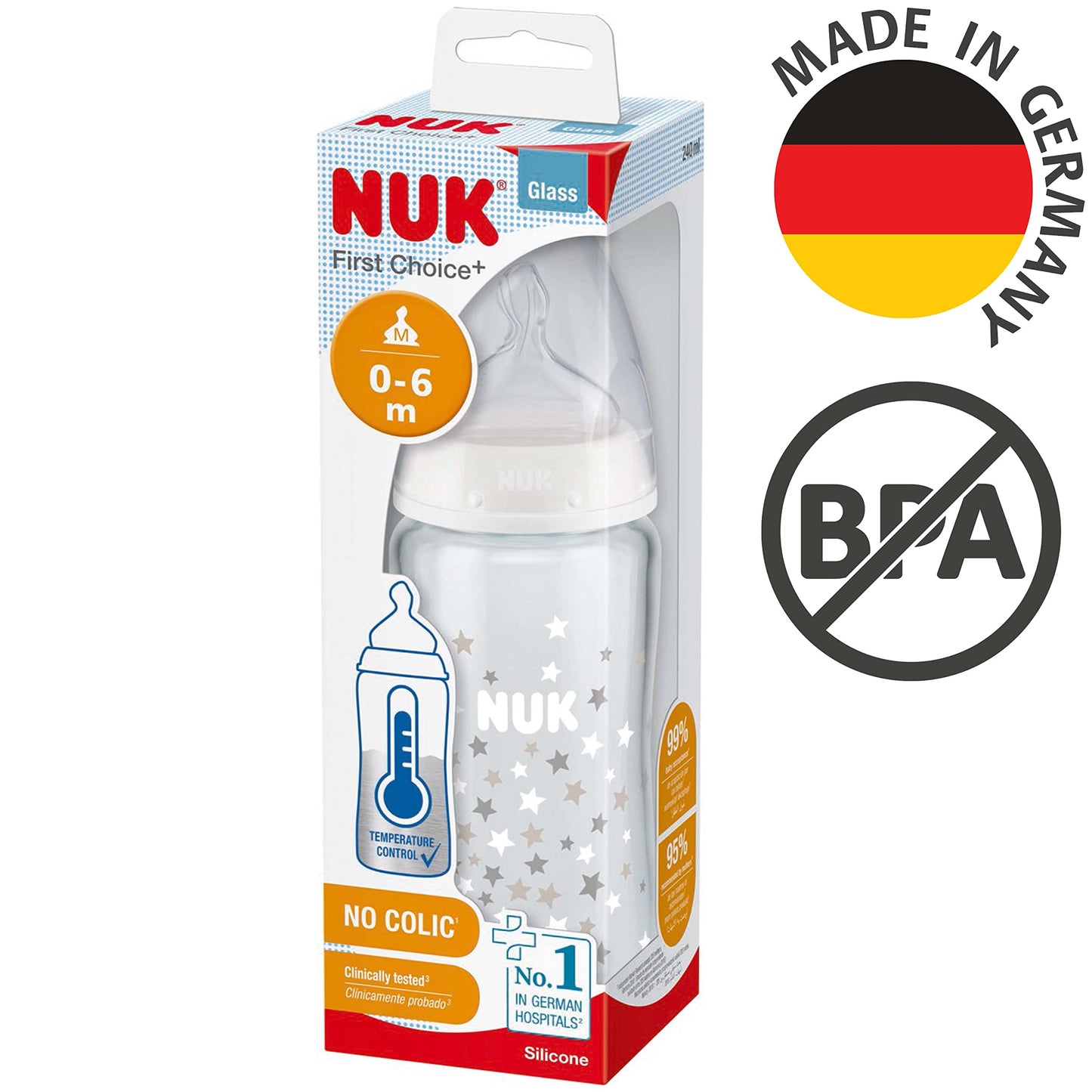 NUK First Choice+ klaasist lutipudel temperatuurinäidikuga, 240 ml