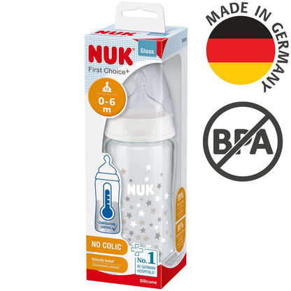 NUK First Choice+ klaasist lutipudel temperatuurinäidikuga, 240 ml