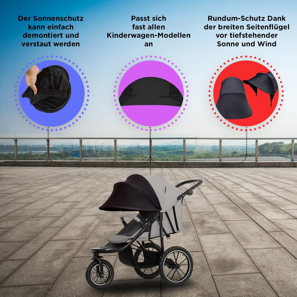 O³ universaalne vankri päikesevari UV-kaitsega 40+, pop-up, must