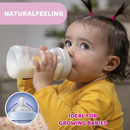 Chicco Natural Feeling koolikuvastased lutipudelid 6+ kuud, 2 tk, 330 ml, helesinine/hall