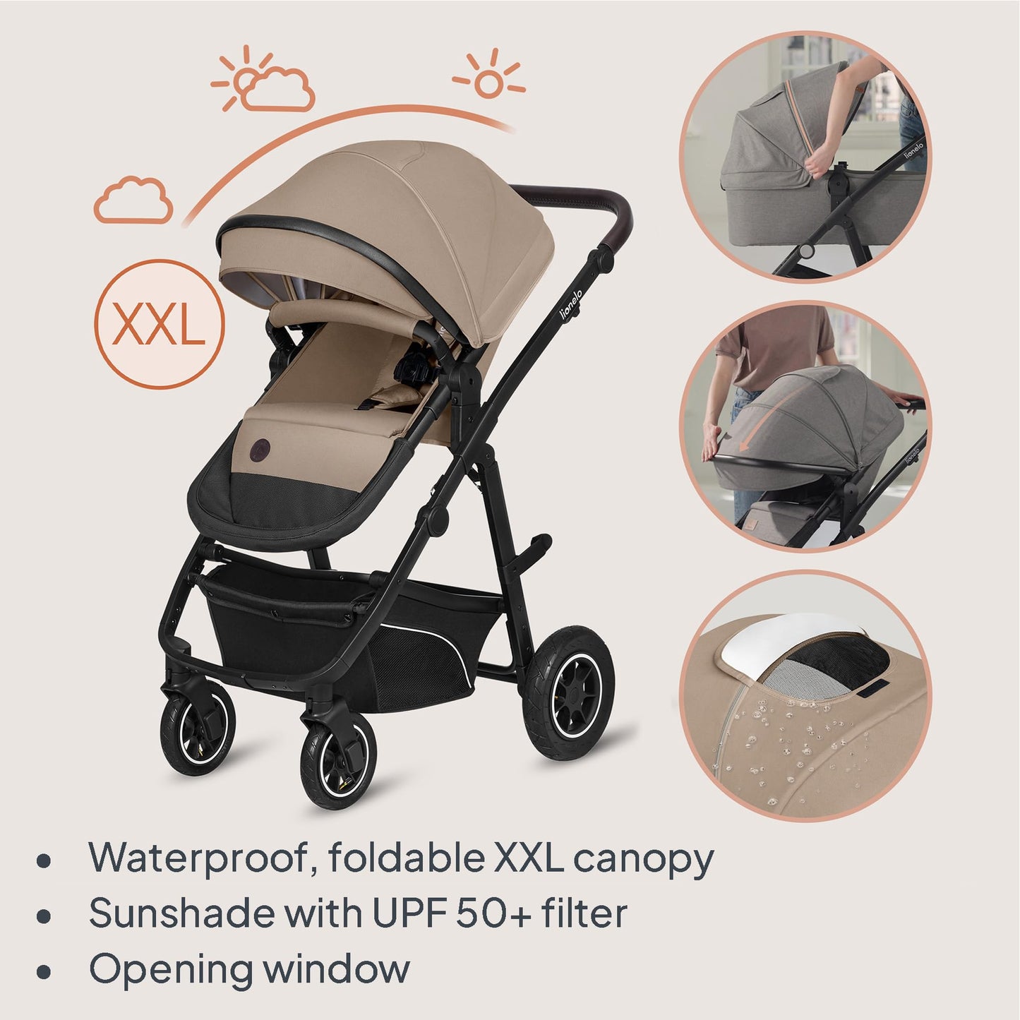 Lionelo Bianka 3-in-1 vankrikomplekt õhkrehvidega– Beige Sand