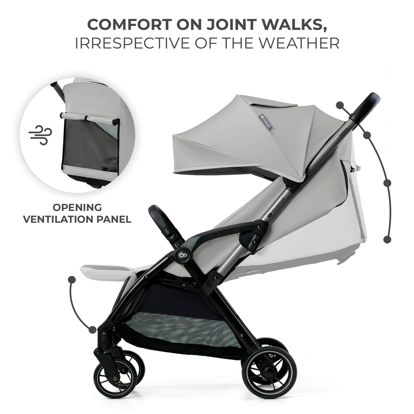 Kinderkraft APINO kerge jalutuskäru kuni 24 kg, auto-fold süsteemiga, hall