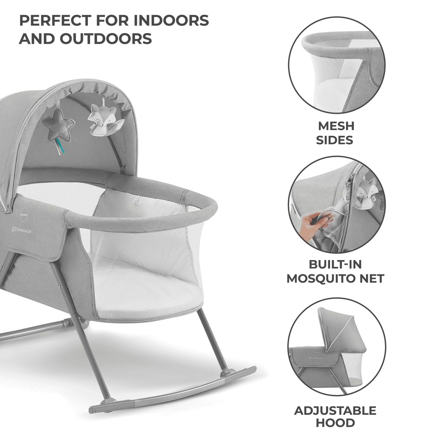 Kinderkraft LOVI 3-ühes beebihäll ja reisivoodi, hall (0–9 kg)