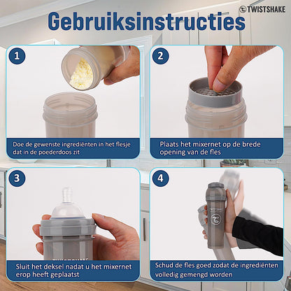 Twistshake koolikuvastane lutipudel 260 ml + piimapulbri konteiner, hall