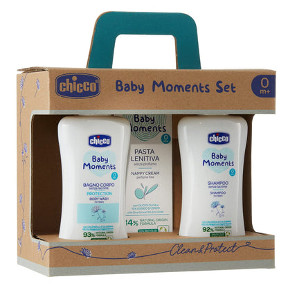 Chicco Baby Moments beebihoolduskomplekt vastsündinutele (dušigeel, šampoon ja mähkmekreem)