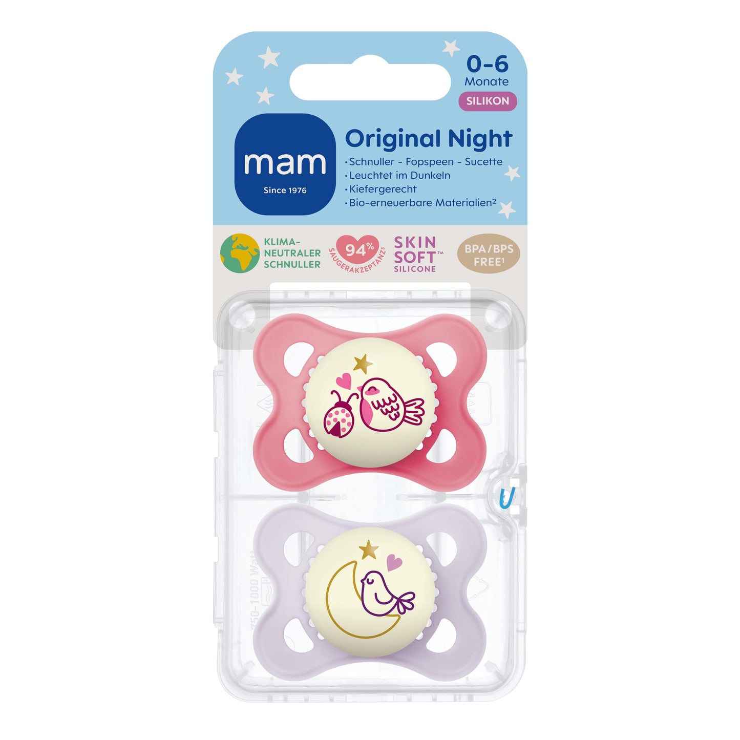 MAM Original Night öölutt 0–6 kuud, helendav, lind/kuu, 2 tk