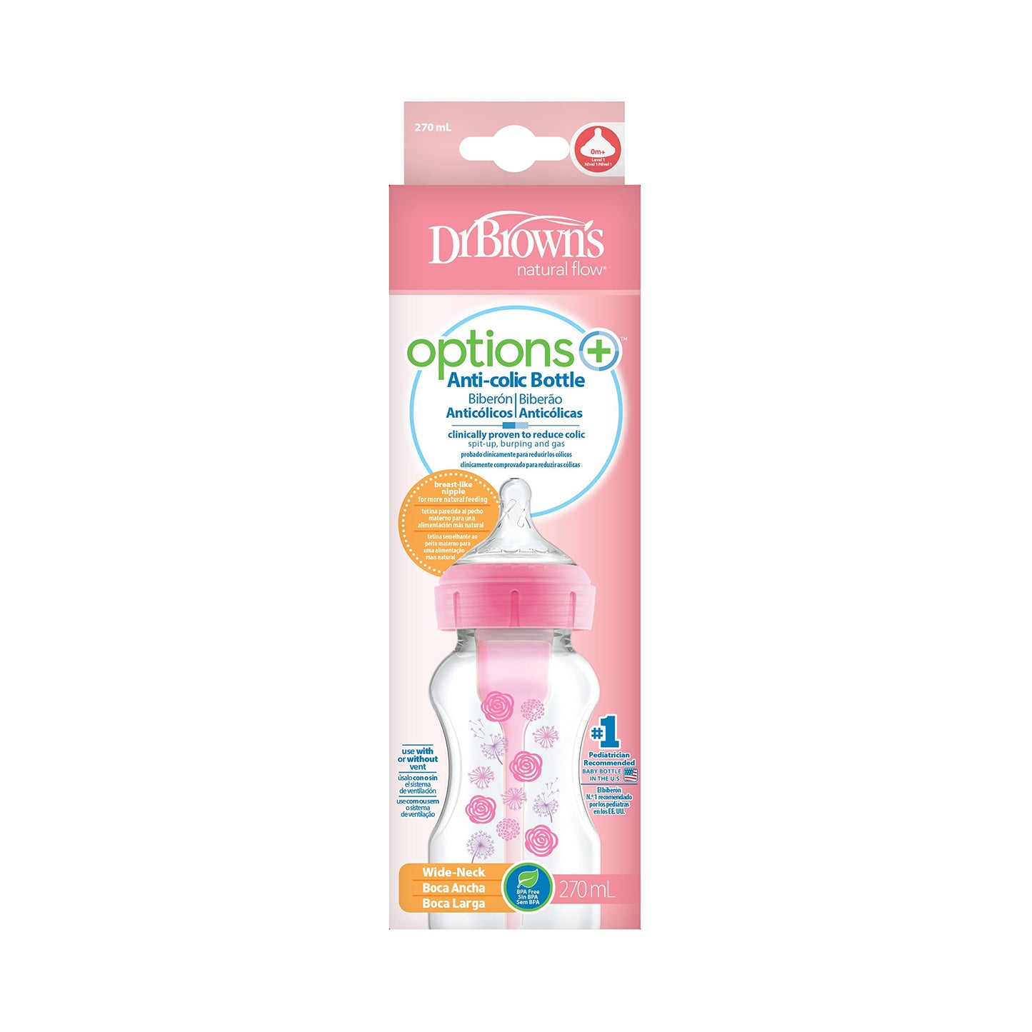 Dr. Brown’s Options+ koolikuvastane lutipudel 270 ml, roosa (0+)