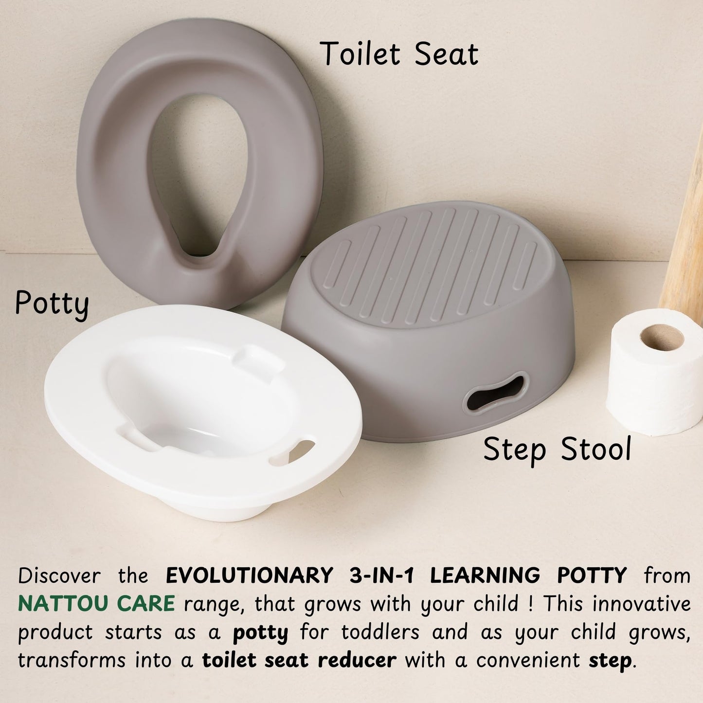 Nattou 3in1 lastepott Care, pott, astmepink ja WC-iste, alates 18 kuust, taupe
