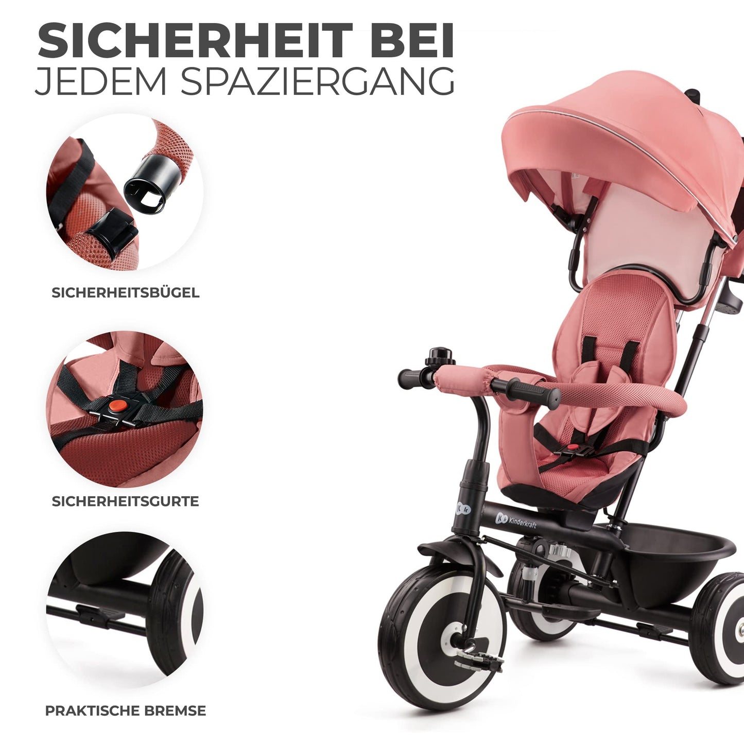 Kinderkraft ASTON kolmerattaline jalgratas, pööratava istmega, roosa, alates 9 kuust kuni 25 kg