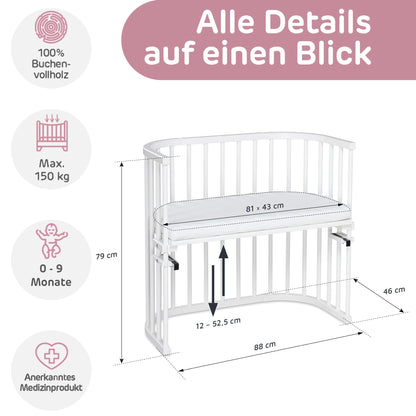 Babybay Original pöögipuidust vooditasku + madrats + lisad, reguleeritava kõrgusega, valge