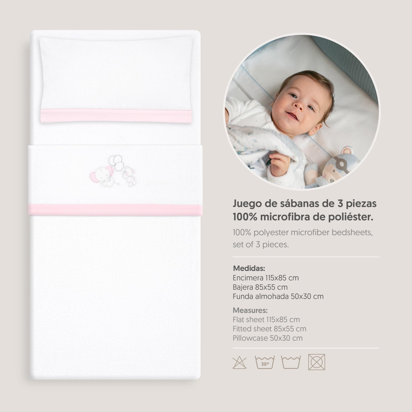 Interbaby talvine voodipesukomplekt 50 × 80 cm, Elephant Balloon valge/roosa