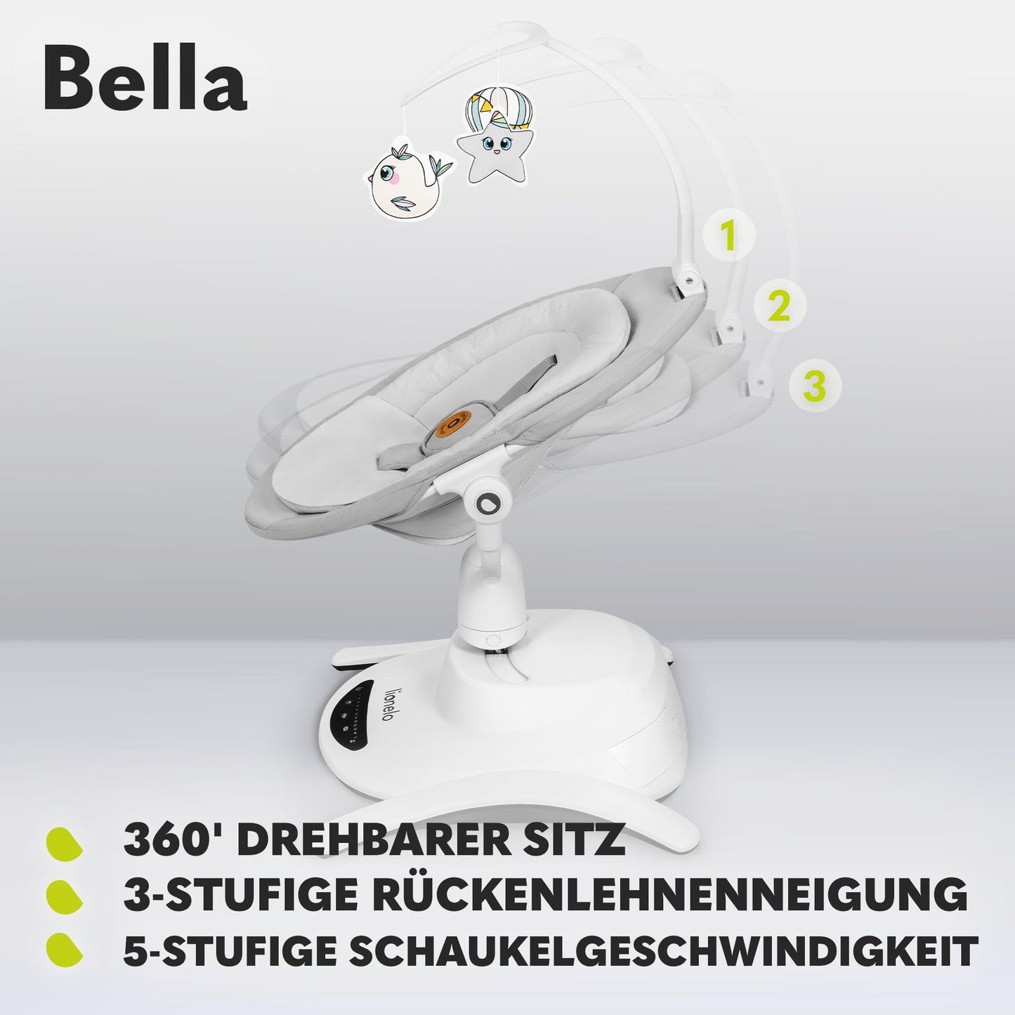 Lionelo Bella elektriline beebikiik 360° pöörleva istmega, helehall
