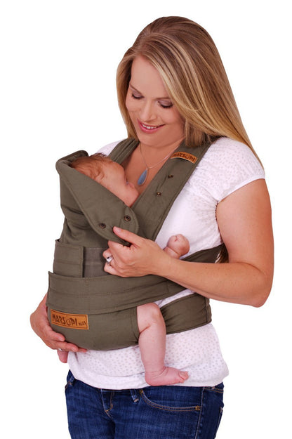Marsupi-kantoreppu tarrakiinnityksellä, luomupuuvilla, oliivinvihreä (Olive), koko S/M, 3,5–15 kg