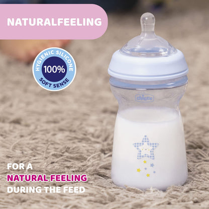 Chicco Natural Feeling koolikuvastased lutipudelid 6+ kuud, 2 tk, 330 ml, helesinine/hall