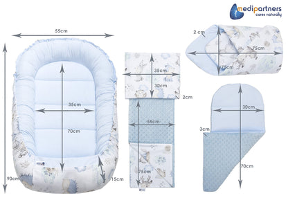 Medi Partners beebipesa 5-osaline komplekt, 100×60×15 cm – hirved ja siilid, sinise plüüsiga