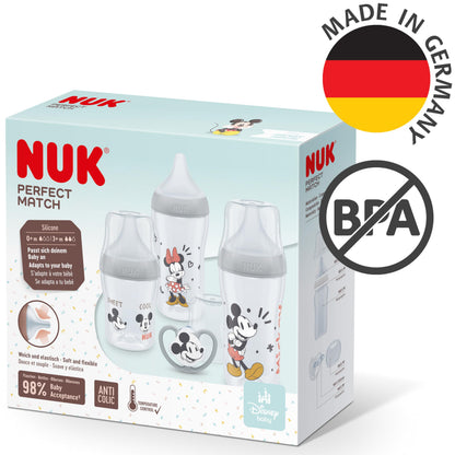 NUK Perfect Match pudelikomplekt + lutt, 0–6+ kuud, Mickey Mouse, 4-osaline