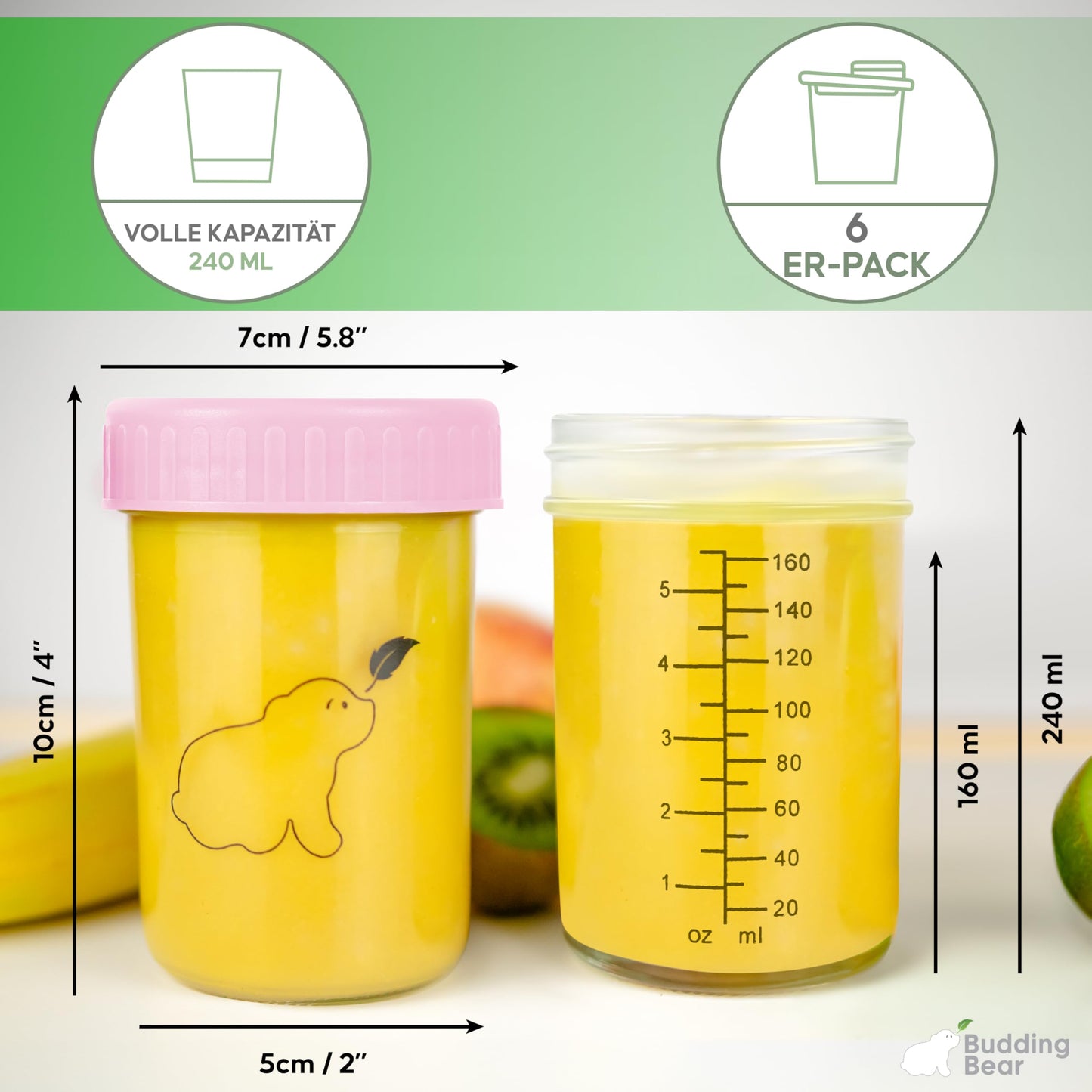 Budding Bear 240 ml klaasist beebitoidu säilituspurkide komplekt, 6 tk, BB-JARS03