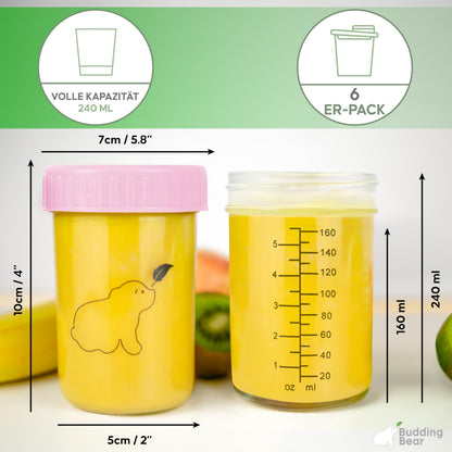 Budding Bear 240 ml klaasist beebitoidu säilituspurkide komplekt, 6 tk, BB-JARS03