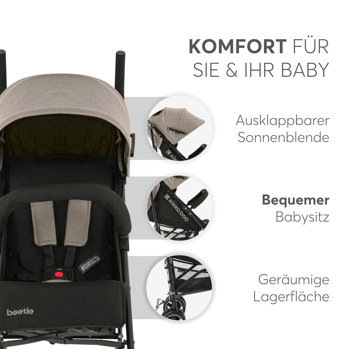 KikkaBoo BEETLE kergkäru, kokkupandav ja kompaktne, kuni 22 kg, beež