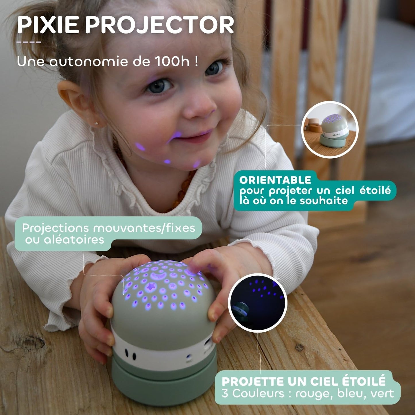 BÉABA Pixie Projector öölamp 3-värvise tähistaeva, 9 heli, nutika unehäire ja USB laadimisega, salveiroheline