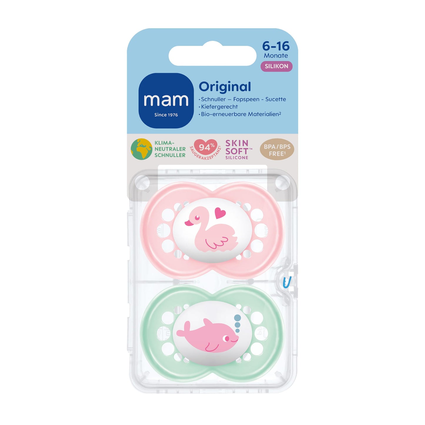 MAM Original ortodontilised lutid 6–16 kuu vanustele, SkinSoft silikoonist, 2 tk, luige ja delfiini disain