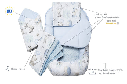 Medi Partners beebipesa 5-osaline komplekt, 100×60×15 cm – hirved ja siilid, sinise plüüsiga