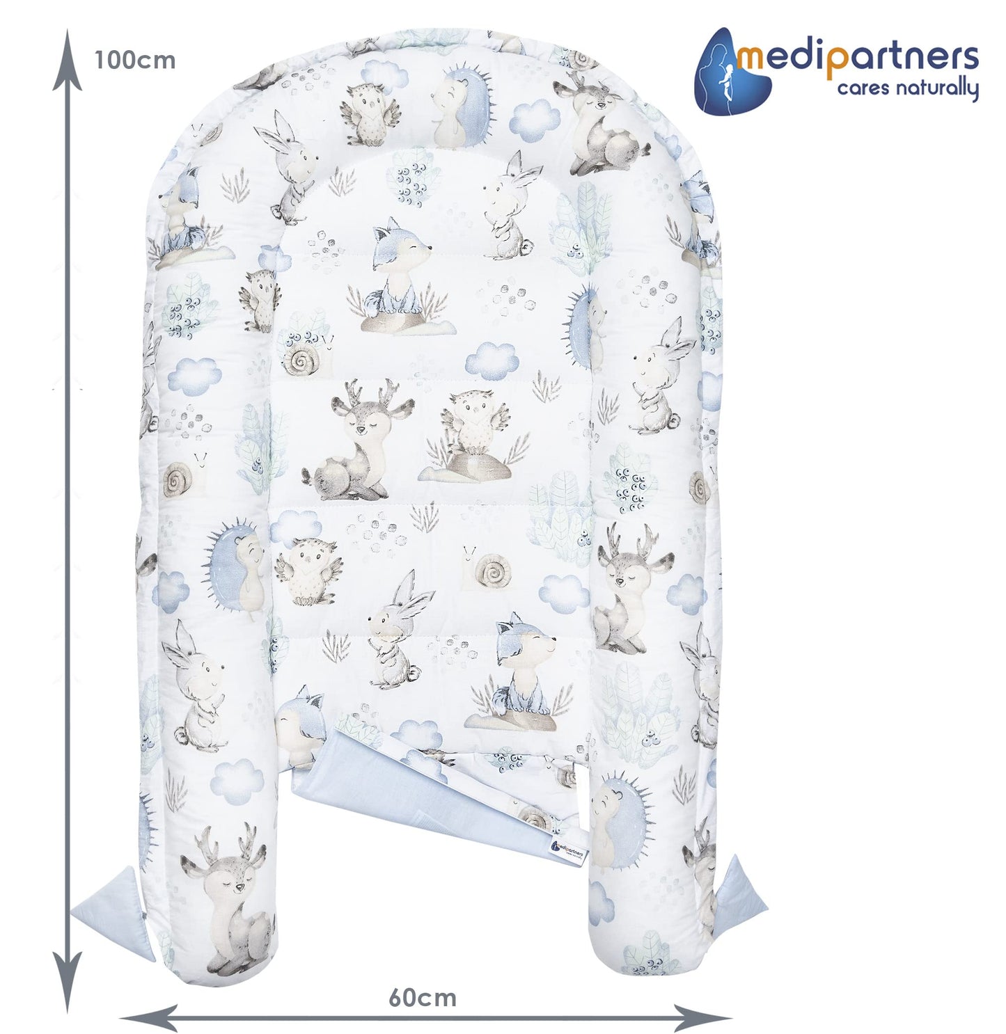 Medi Partners beebipesa 5-osaline komplekt, 100×60×15 cm – hirved ja siilid, sinise plüüsiga