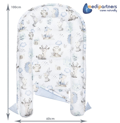 Medi Partners beebipesa 5-osaline komplekt, 100×60×15 cm – hirved ja siilid, sinise plüüsiga