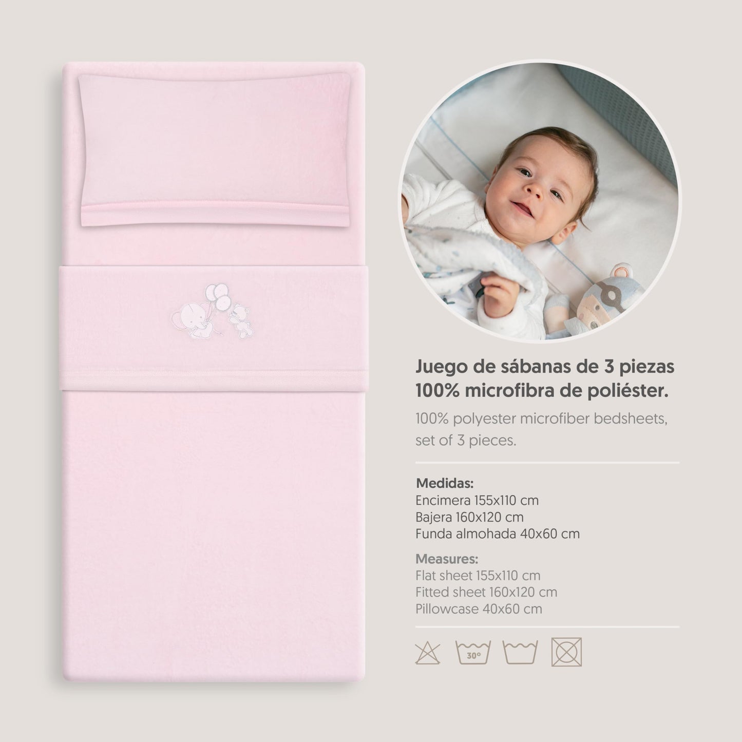 Interbaby voodipesukomplekt beebivoodile 60 x 120 cm, roosa, korallfliis