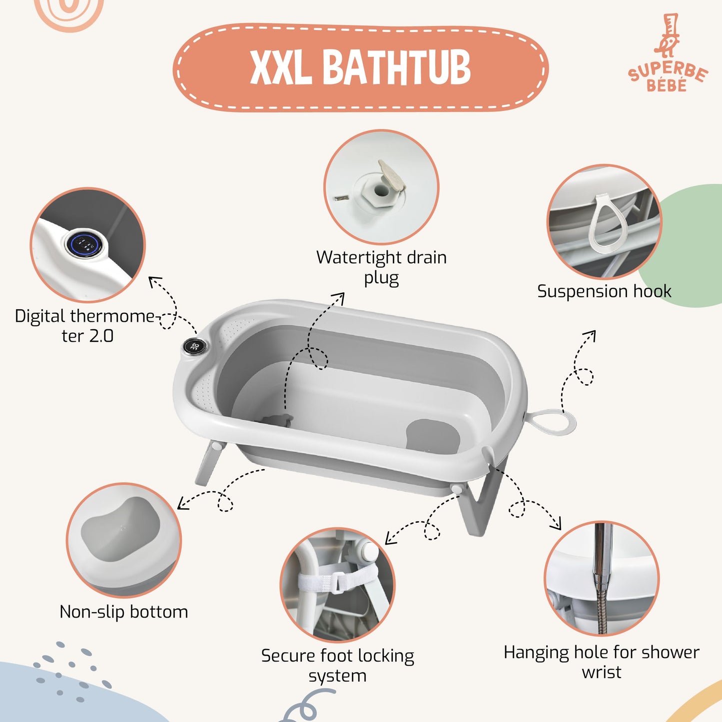 Kokkupandav XXL beebivann jalgadega + termomeeter ja beebiiste – hall