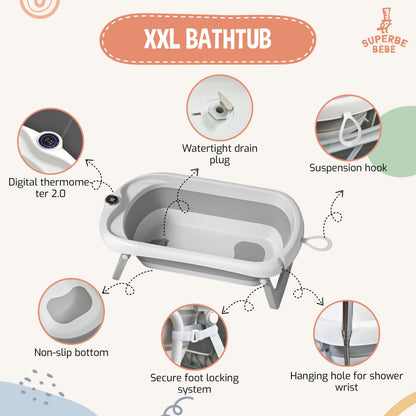 Kokkupandav XXL beebivann jalgadega + termomeeter ja beebiiste – hall