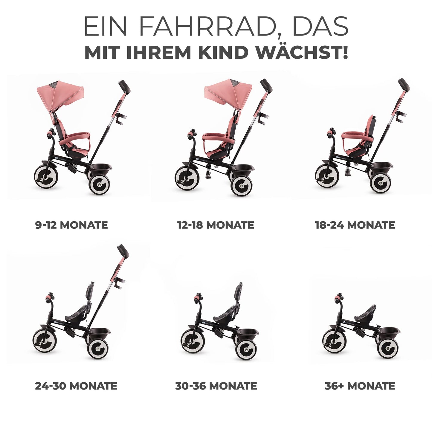 Kinderkraft ASTON kolmerattaline jalgratas, pööratava istmega, roosa, alates 9 kuust kuni 25 kg