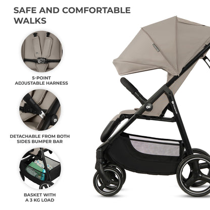 Kinderkraft TRIG 3 kerge jalutuskäru kuni 25 kg, ühe käega kokkupandav, beež