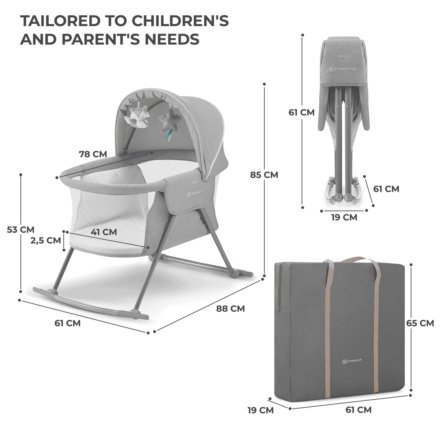 Kinderkraft LOVI 3-ühes beebihäll ja reisivoodi, hall (0–9 kg)