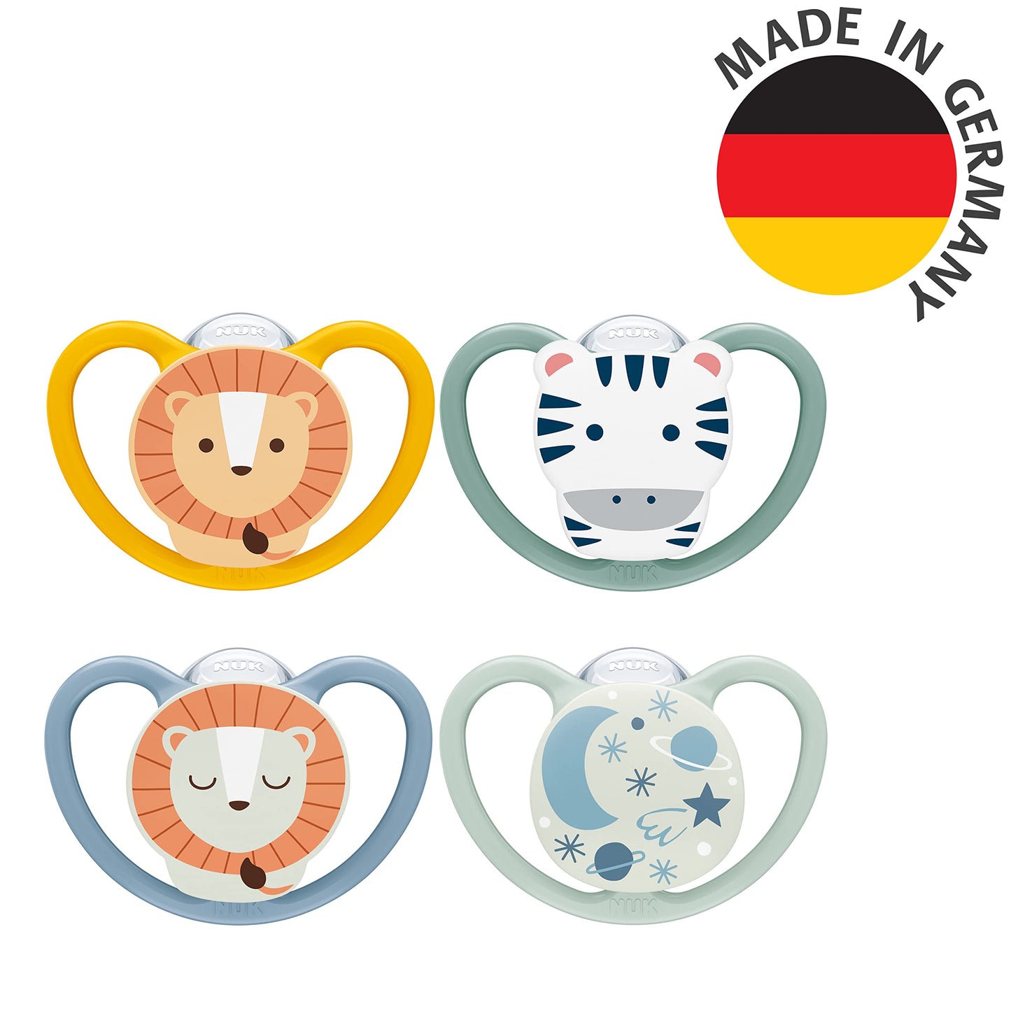 NUK Space Day & Night lutt 6–18 kuud, silikoon, pimedas helendav, 4 tk (loomad)