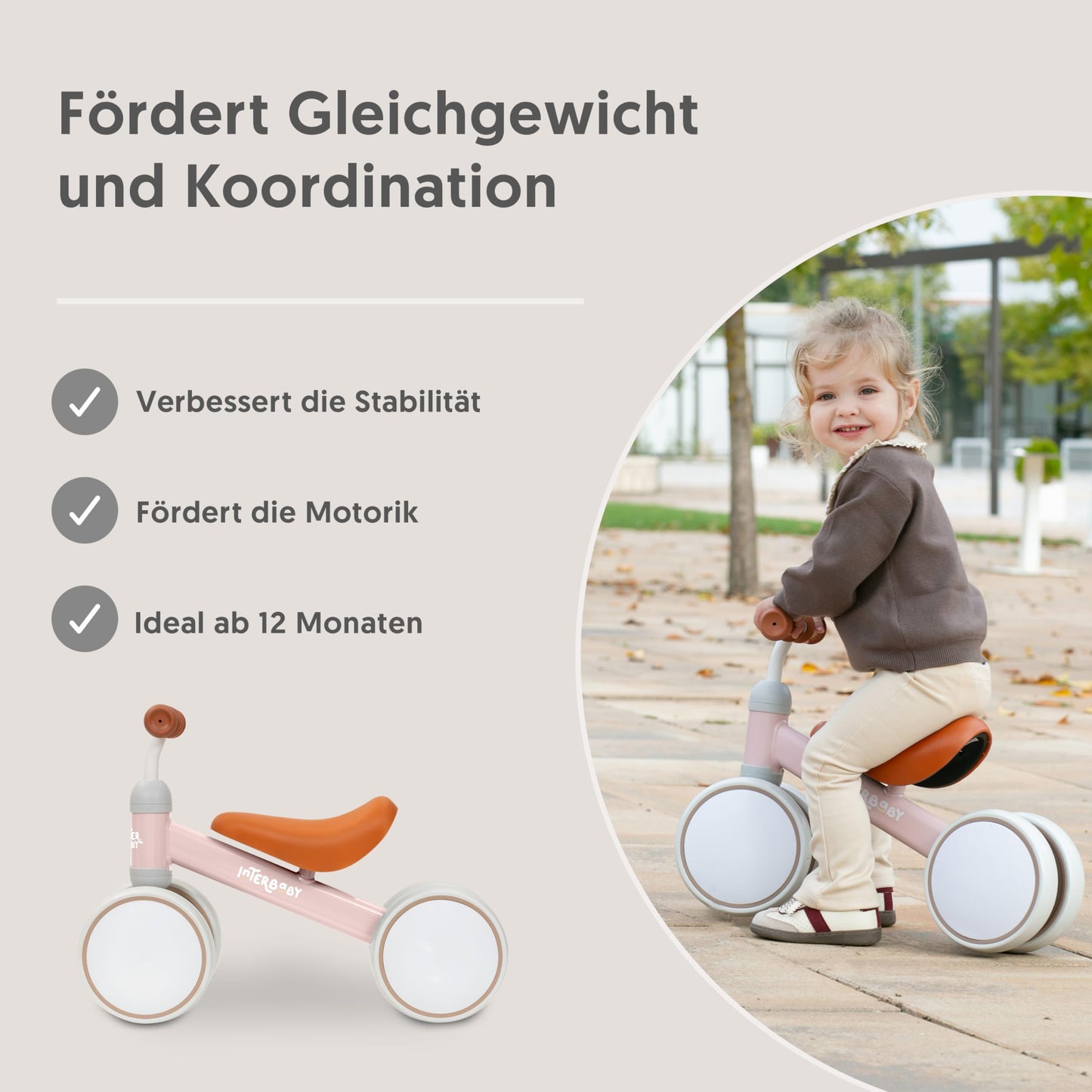 Interbaby jooksuratas beebidele 12-36 kuud, roosa, 4 rattaga