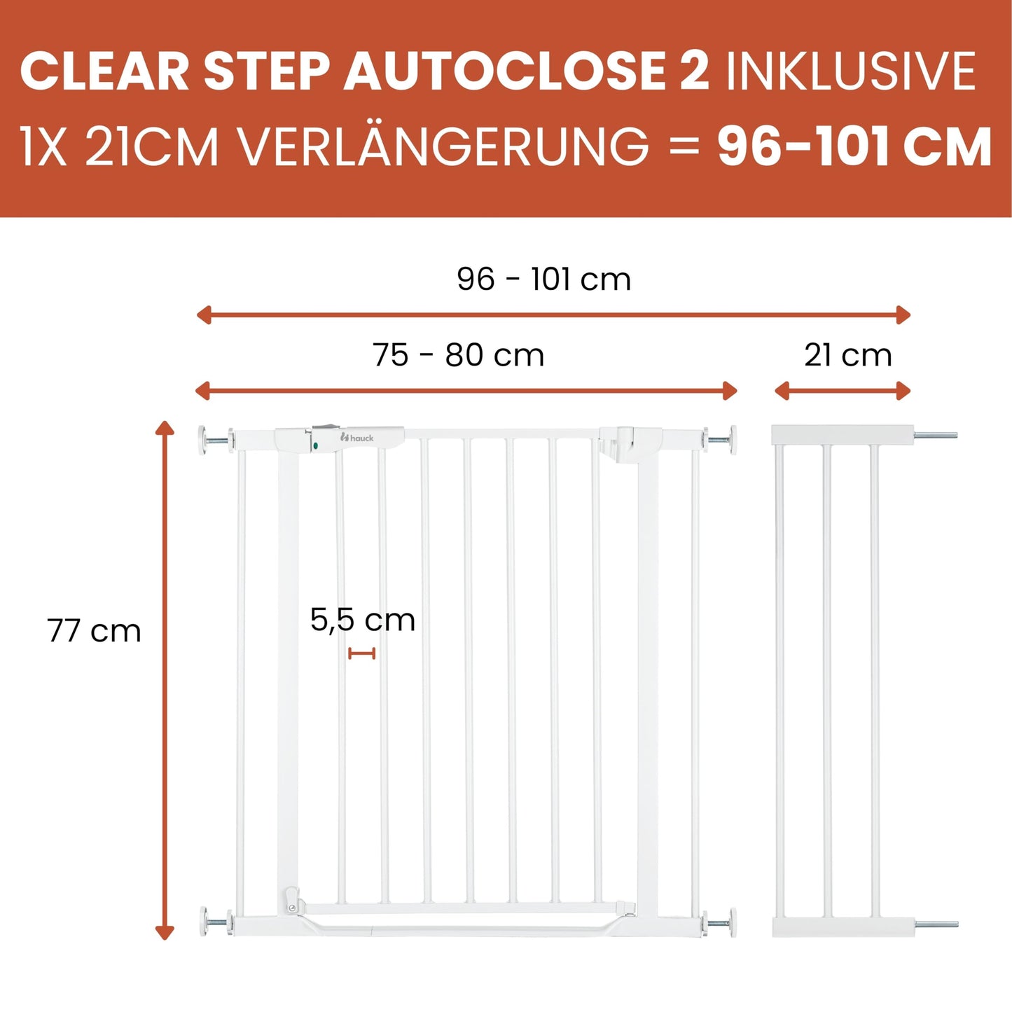 hauck Clear Step Autoclose 2 turvavärav 21 cm pikendusega, valge, 96-101 cm, 77 cm, ilma puurimiseta