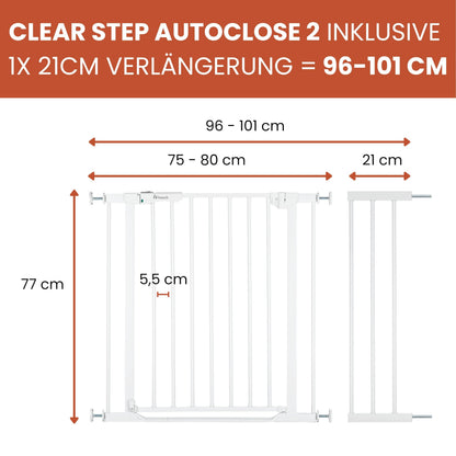 hauck Clear Step Autoclose 2 turvavärav 21 cm pikendusega, valge, 96-101 cm, 77 cm, ilma puurimiseta