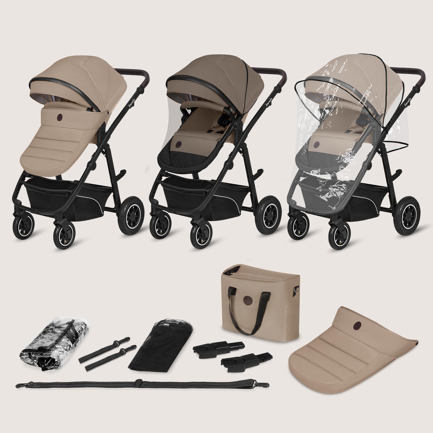 Lionelo Bianka 3-in-1 vankrikomplekt õhkrehvidega– Beige Sand