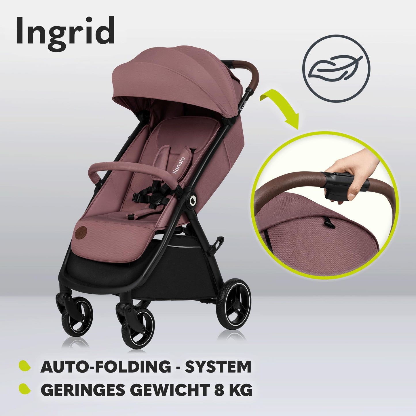Lionelo INGRID jalutuskäru Pink Mauve, kuni 22 kg, kokkupandav, 360° rattad