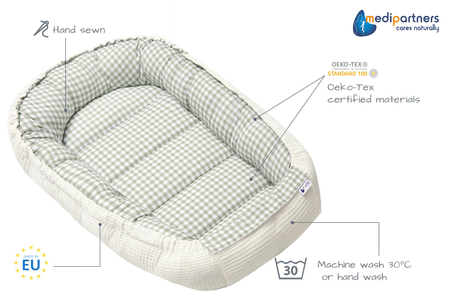 Medi Partners beebipesa 100 × 60 cm – puuvillane kookon, Grid with Olive Waffle