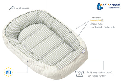 Medi Partners beebipesa 100 × 60 cm – puuvillane kookon, Grid with Olive Waffle