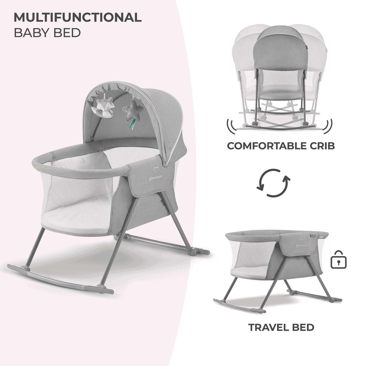 Kinderkraft LOVI 3-ühes beebihäll ja reisivoodi, hall (0–9 kg)