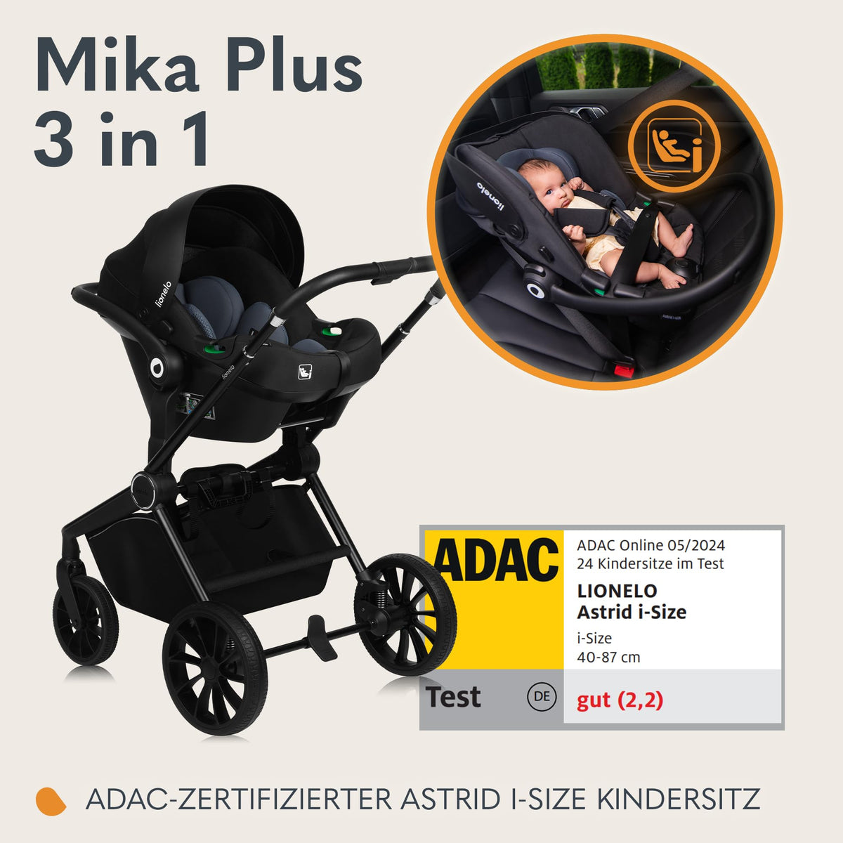 Lionelo Mika Plus 3-ühes vankrikomplekt, Beige Sand