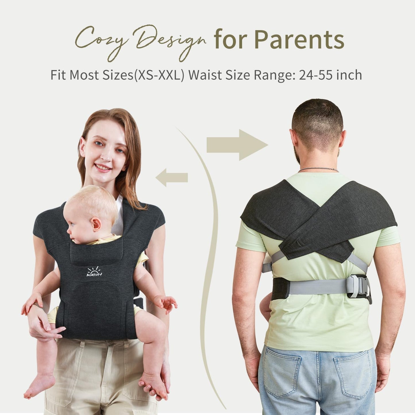 MOMTORY vastsündinu–väikelapse kandelina tugivöö ja ergonoomilise istmega, 3–22 kg, tumehall