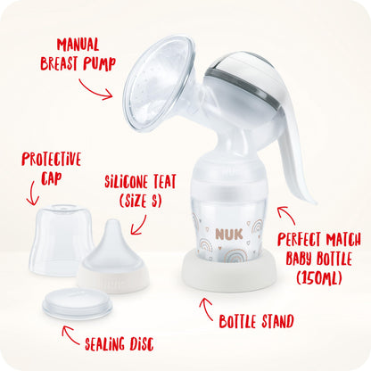 NUK manuaalne rinnapump silikoonpadjaga + Perfect Match lutipudel 150 ml