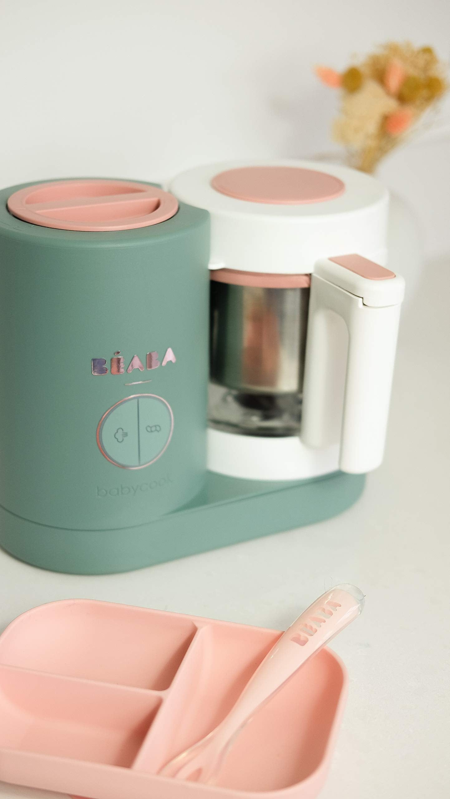 Béaba Babycook Neo 4-ühes beebitoiduvalmistaja, roostevabast terasest ja klaasist, eukalüptiroheline