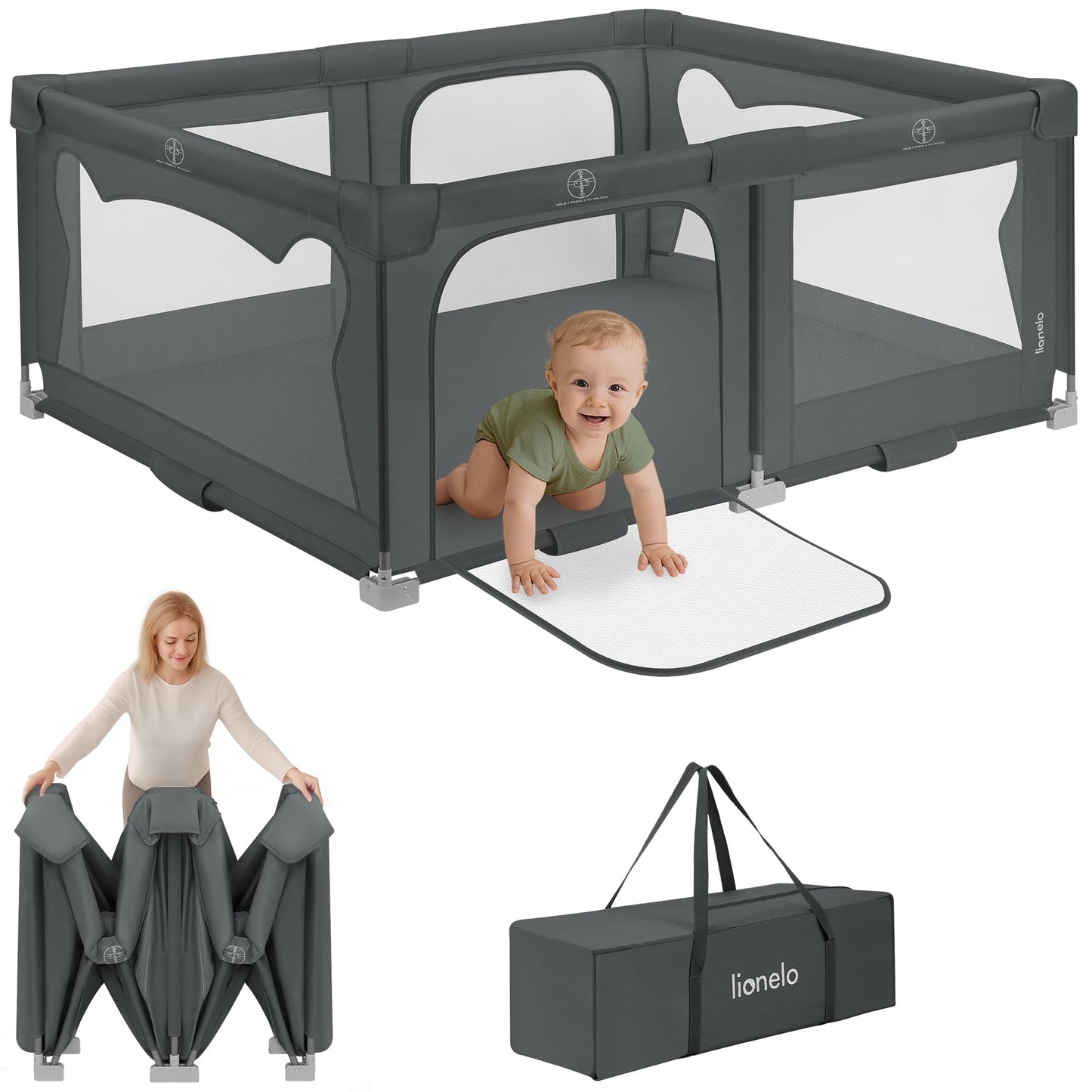 Lionelo Florence Easy Fold XL kokkupandav mänguaedik 150 × 180 cm, hall