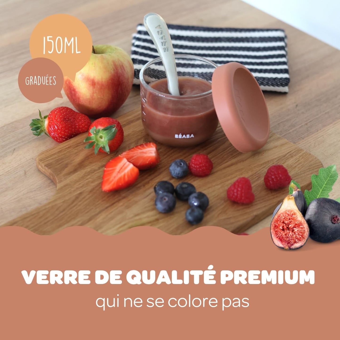 BÉABA klaasist beebitoidu säilitusnõude komplekt, 2 × 150 ml, salveiroheline/mineraal