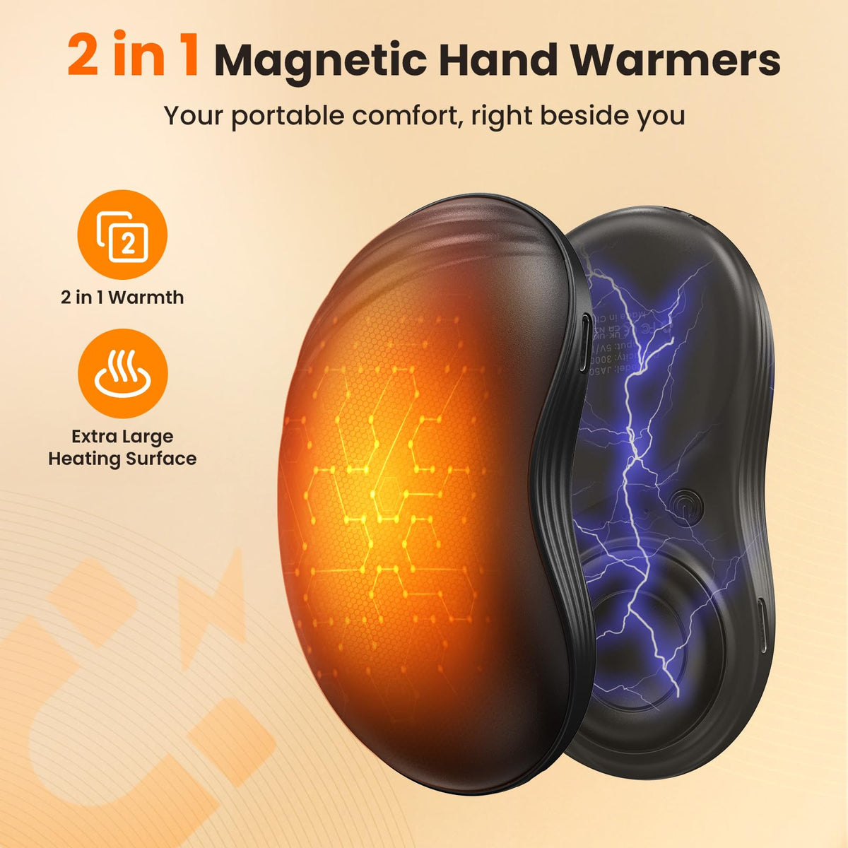 Ladattava magneettinen käsienlämmitin sormihyrrällä, 2 kpl (2 x 3000 mAh), musta